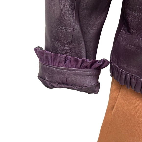 Vintage Leather Jacket Diba Ruffle Fitted Dark Plum M - Picture 6 of 16